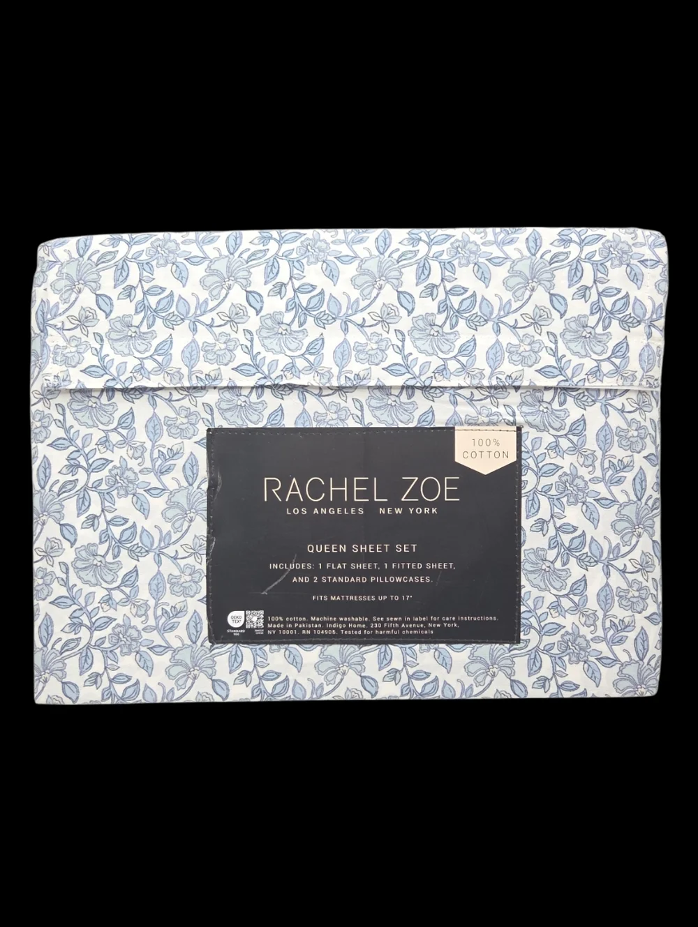 Rachel Zoe Floral Cotton Queen Sheet Set of‎ 4pc White Blue